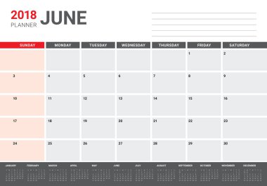 Haziran 2018 takvim planlayıcısı vektör çizim