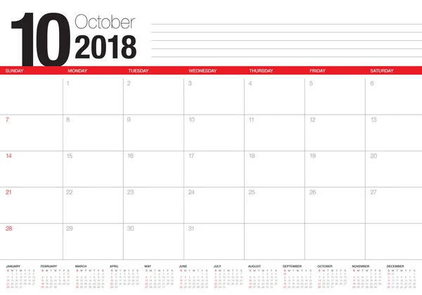 Εικονογράφηση διάνυσμα ημερολόγιο planner Οκτωβρίου 2018 — Διανυσματικό Αρχείο