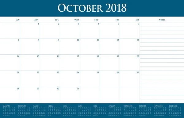 Calendrier planificateur d'octobre 2018 illustration vectorielle — Image vectorielle