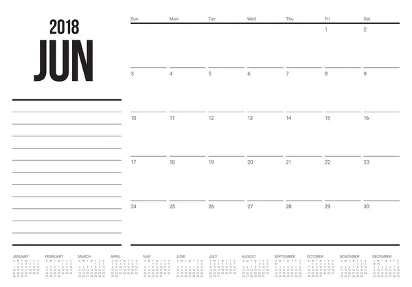 Junho 2018 calendário planejador vetor ilustração —  Vetores de Stock