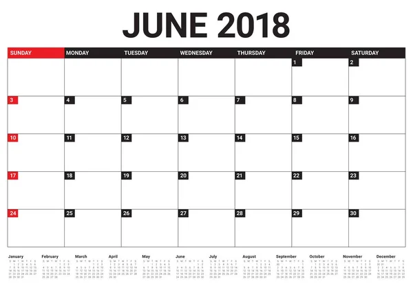 Junio 2018 calendario planificador vector ilustración — Vector de stock
