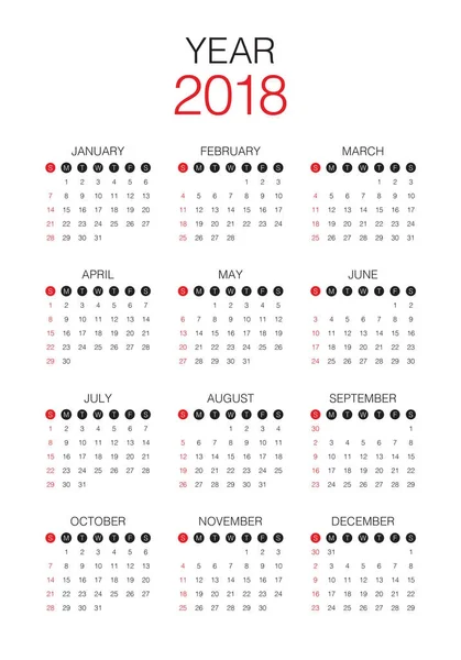 Ano 2018 modelo de design de vetor calendário — Vetor de Stock