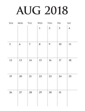 Ağustos 2018 planlayıcısı takvim vektör çizim
