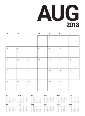 Ağustos 2018 planlayıcısı takvim vektör çizim
