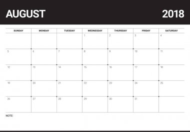 Ağustos 2018 planlayıcısı takvim vektör çizim