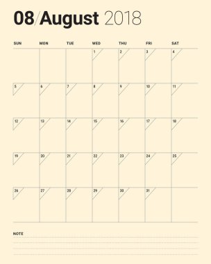 Ağustos 2018 planlayıcısı takvim vektör çizim