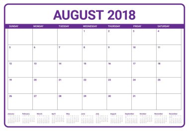 Ağustos 2018 planlayıcısı takvim vektör çizim