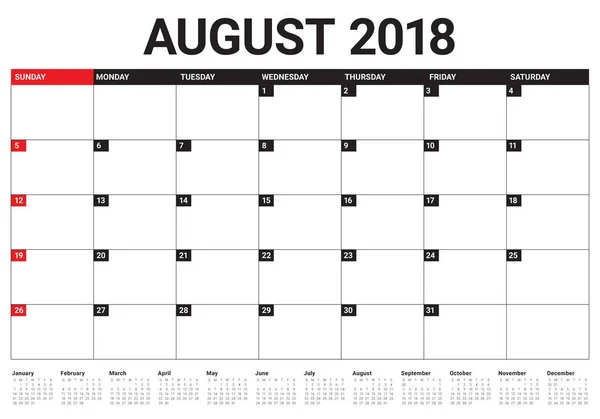 August 2018 planner calendar vector illustration — Stock Vector