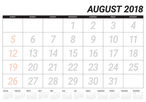 Augusztus 2018 tervező naptár vektoros illusztráció — Stock Vector