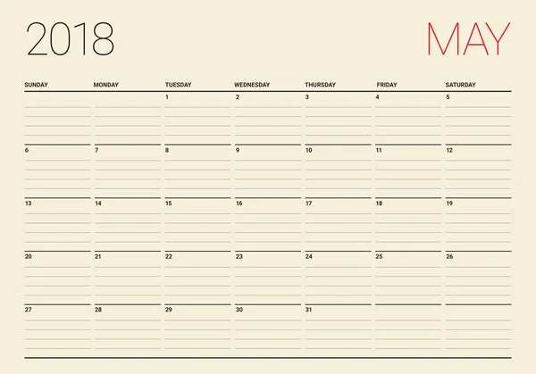 Mayo 2018 calendario planificador vector ilustración — Archivo Imágenes Vectoriales