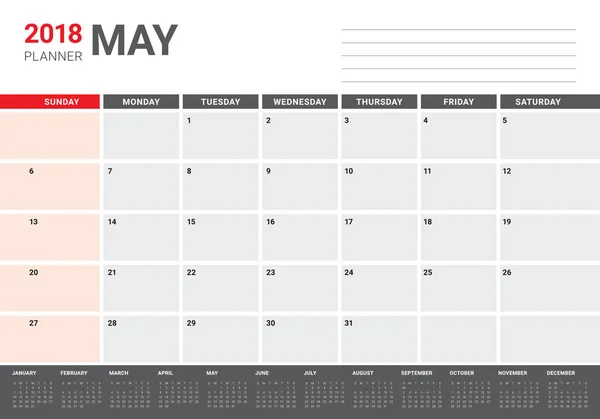 Maio 2018 calendário planejador vetor ilustração — Vetor de Stock