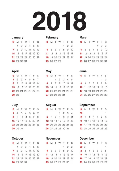 Año 2018 plantilla de diseño de vectores calendario — Archivo Imágenes Vectoriales