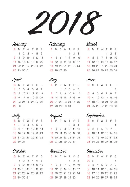 Ano 2018 modelo de design de vetor calendário — Vetor de Stock