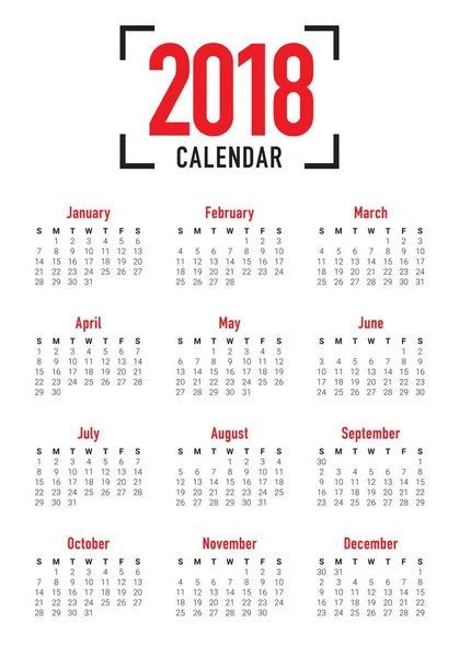 Année 2018 calendrier vectoriel modèle de conception — Image vectorielle