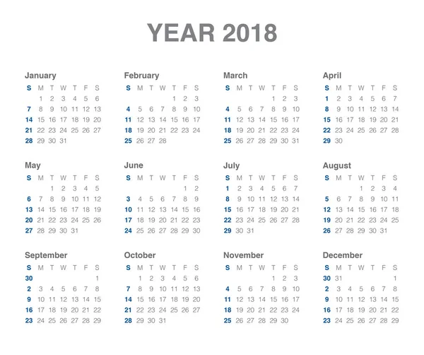 Jahr 2018 Kalendervektor-Design-Vorlage — Stockvektor