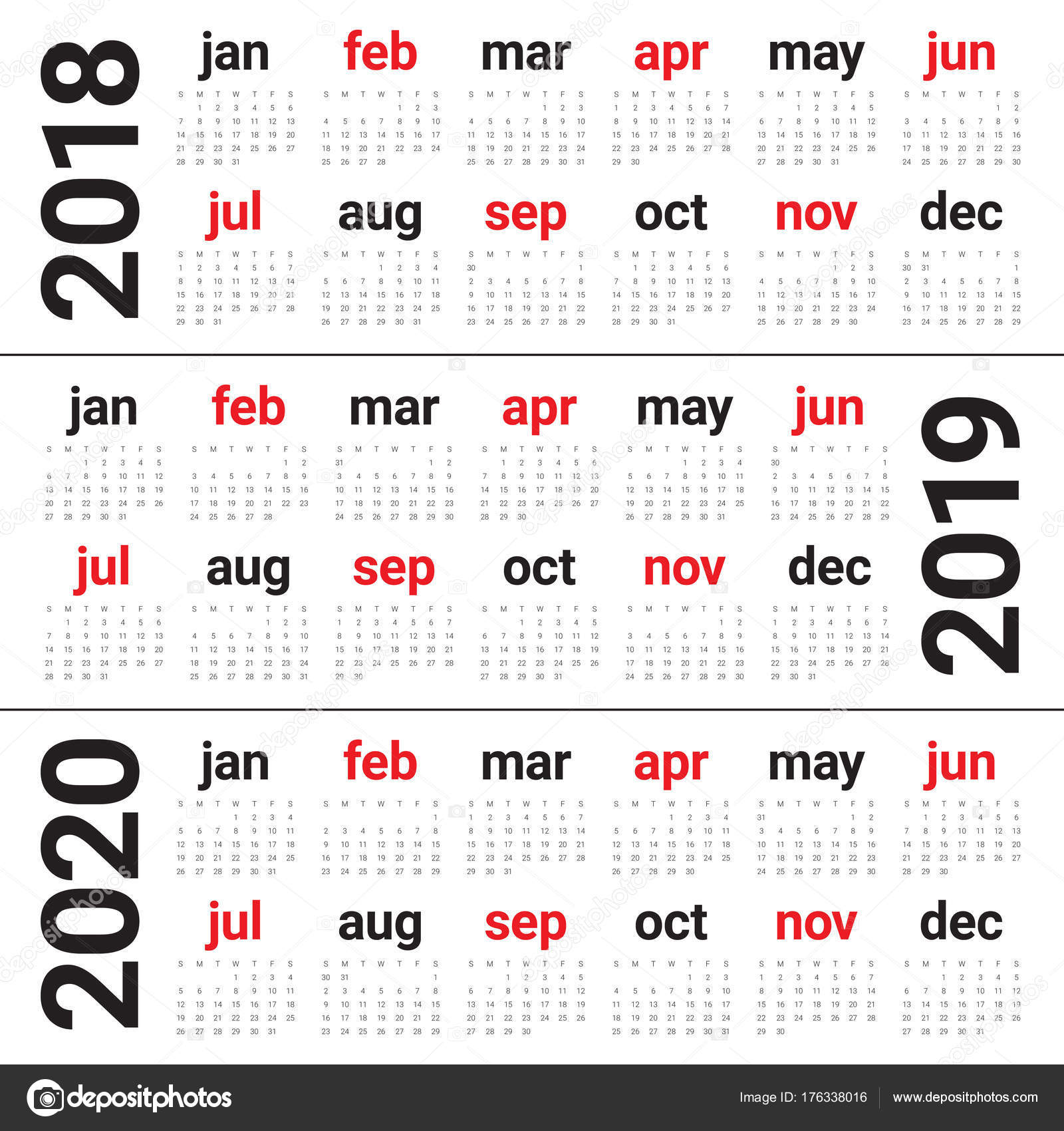 2018 2019 2020 Yearly Calendar Printable