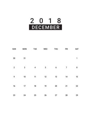 Aralık 2018 Resepsiyon takvim vektör çizim