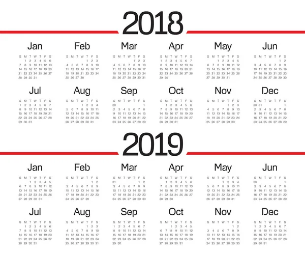 Année 2018 2019 vecteur de calendrier — Image vectorielle