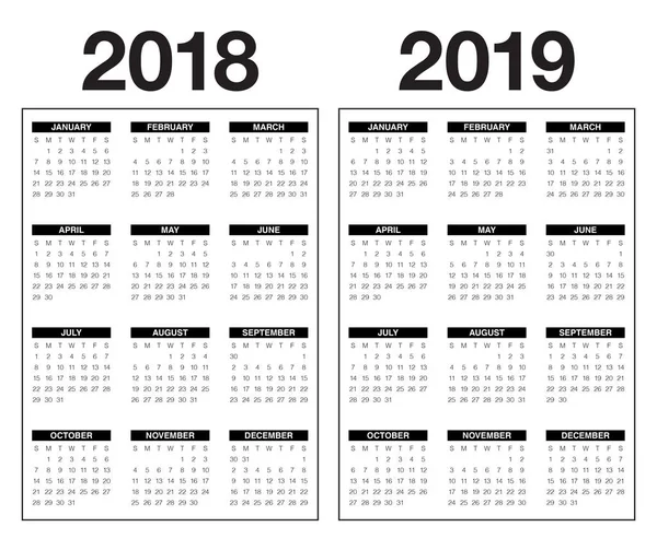 Anno 2018 2019 calendario vettoriale — Vettoriale Stock