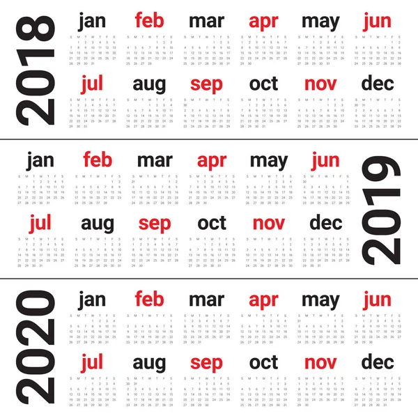 Año 2018 2019 2020 vector de calendario — Vector de stock