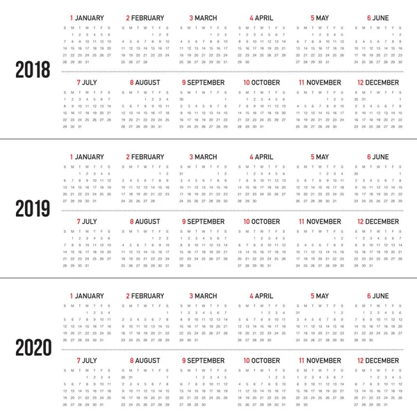 Año 2018 2019 2020 vector de calendario — Vector de stock