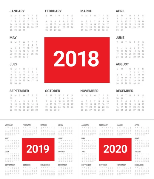 2018 2019年 2020 年日历矢量 — 图库矢量图片