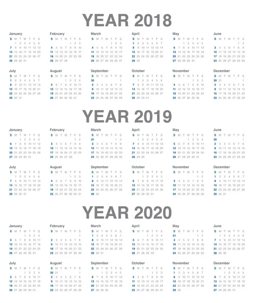 Рік 2018 2020 вектор календаря — стоковий вектор
