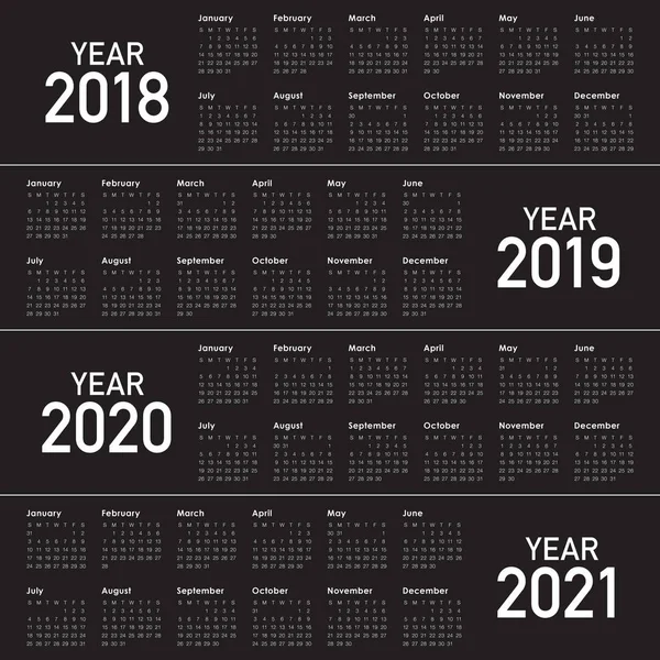 Año 2018 2019 2020 2021 vector de calendario — Vector de stock