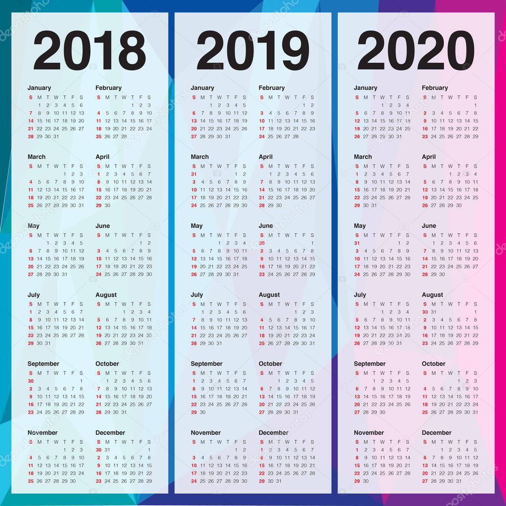 Year 2018 2019 2020 calendar vector
