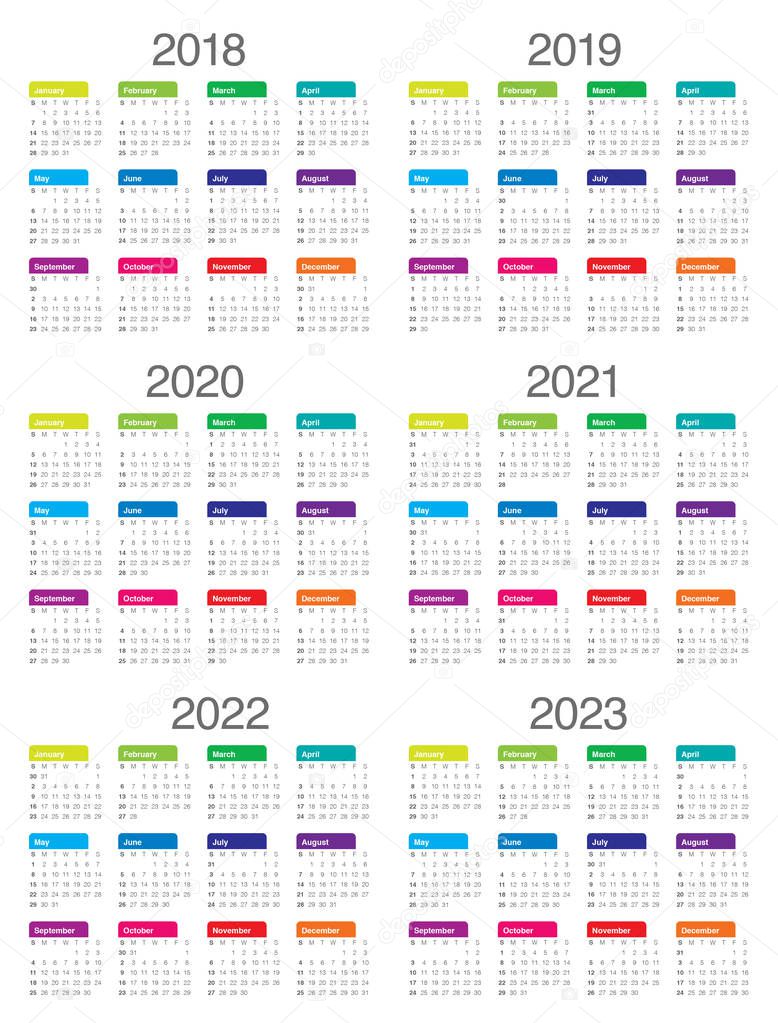 Year 2018 2019 2020 2021 2022 2023 calendar vector