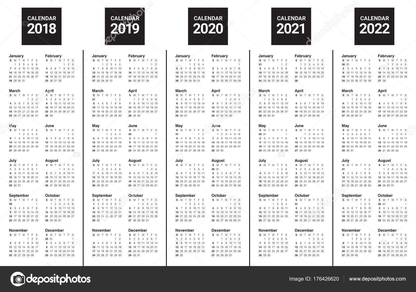 Year 2018 2019 2020 2021 Calendar Vector Stock Vector