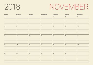 Kasım 2018 planlayıcısı takvim vektör çizim