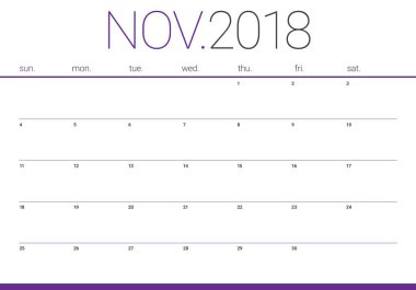 Kasım 2018 planlayıcısı takvim vektör çizim