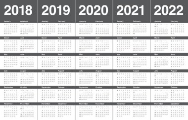 Yıl 2018 2019 2020 2021 2022 takvim vektör