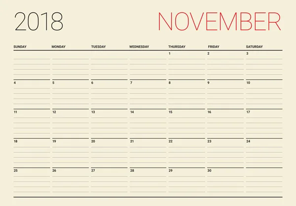 Novembro 2018 planejador calendário vetor ilustração —  Vetores de Stock