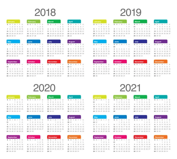 2018 2019 2020 2021 年までカレンダー ベクトル — ストックベクタ