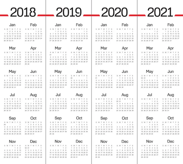 Rok 2018 2019 2020 2021 kalendarz wektor — Wektor stockowy
