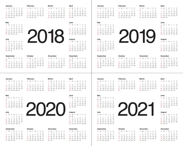 2018 2019年 2020年 2021 年日历矢量 — 图库矢量图片