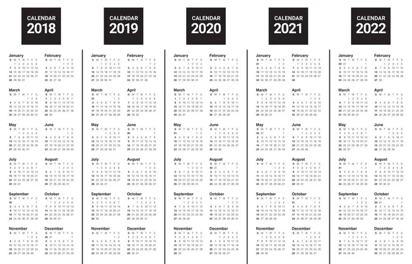 Jahr 2018 2019 2020 2021 2022 Kalendervektor — Stockvektor