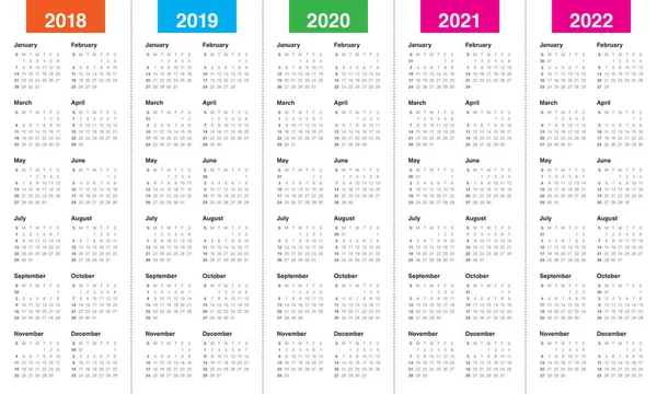 Anno 2018 2019 2020 2021 2022 vettore di calendario — Vettoriale Stock