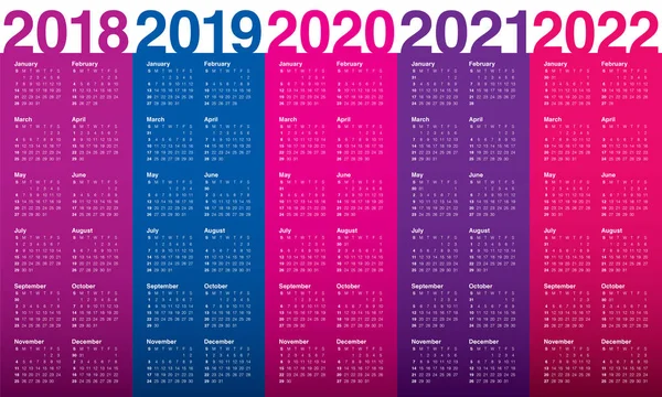 Anno 2018 2019 2020 2021 2022 vettore di calendario — Vettoriale Stock