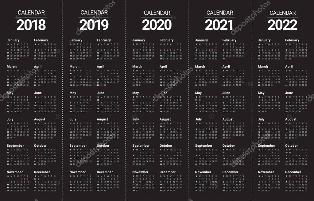 Year 2018 2019 2020 2021 2022 calendar vector — Stock Vector ...