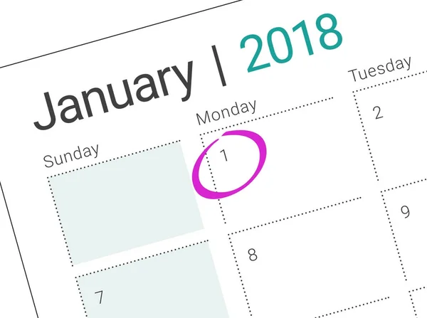 Close up of first day of the year 2018 on diary calendar. — Stock Photo, Image