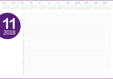 Kasım 2018 planlayıcısı takvim vektör çizim