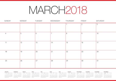 Mart 2018 takvim planlayıcısı vektör çizim