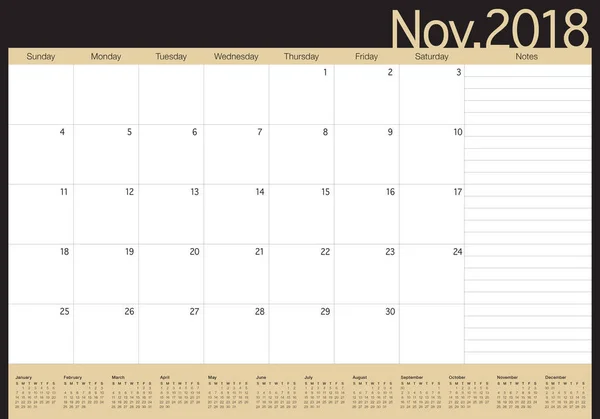 November 2018 Planer Kalender Vektor Illustration — Stockvektor