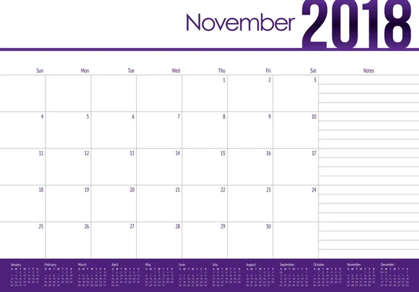 Εικονογράφηση διάνυσμα ημερολόγιο planner Νοεμβρίου 2018 — Διανυσματικό Αρχείο