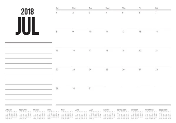 Juli 2018 kalender planner vektorillustration — Stock vektor