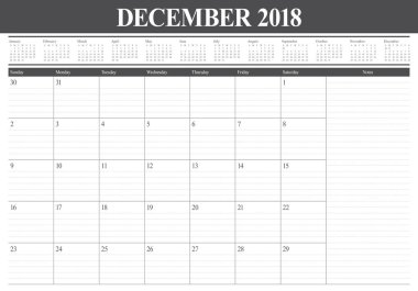 Aralık 2018 planlayıcısı takvim vektör çizim