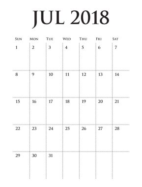Temmuz 2018 takvim planlayıcısı vektör çizim